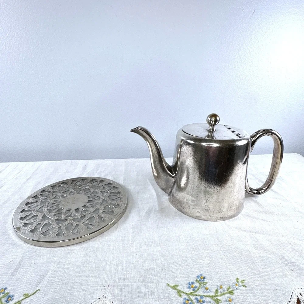 Vintage FB Rogers Silver Co Silverplate Teapot with Filigree Trivet Set